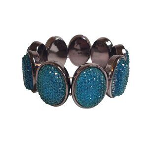 Vintage Blue Beaded Stretch Bracelet Sparkle Costume Acrylic Silver-Tone Accents